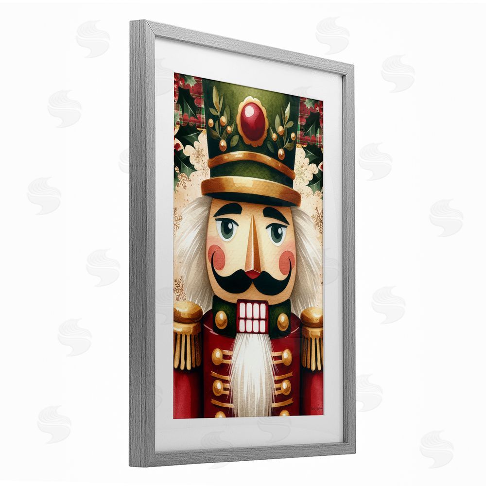 Nicole DeCamp Traditional Festive Nutcracker Gray Framed Print Under Glass with White Mat Wall Art