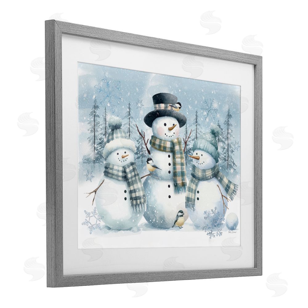 Nicole DeCamp Snowmen Trio and Bird Gray Framed Print Under Glass with White Mat Wall Art