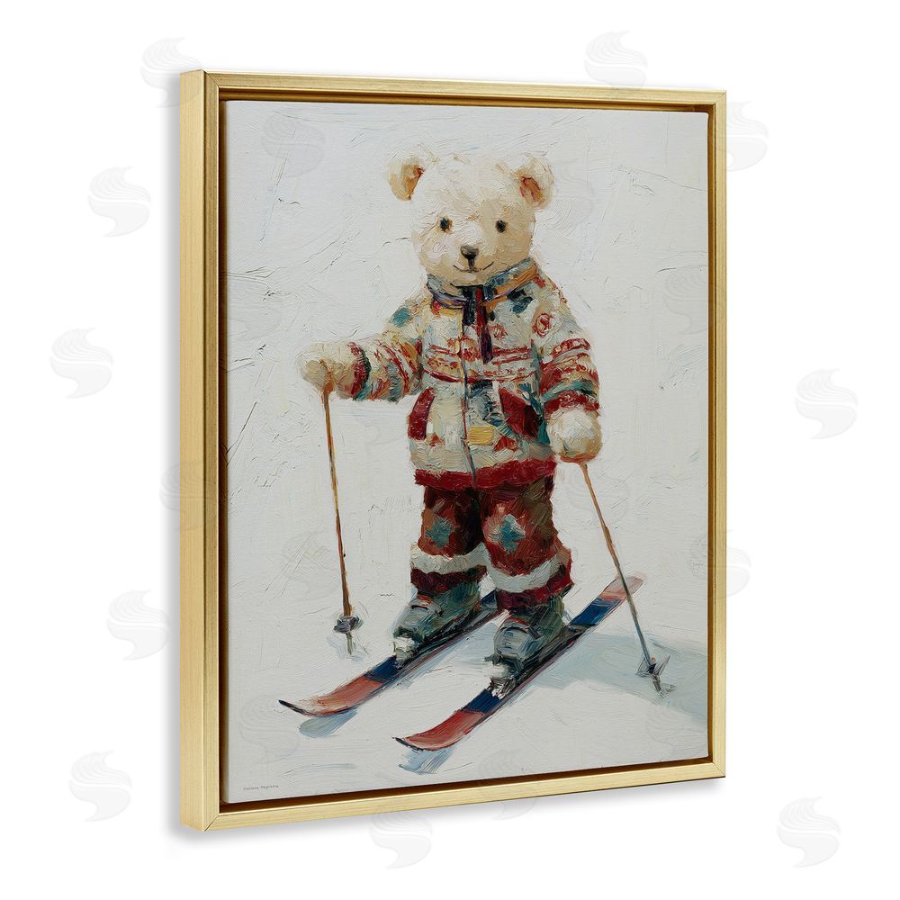 Svetlana Aleynikova Bear on Skiing Adventure Gold Floating Frame Canvas Wall Art Print