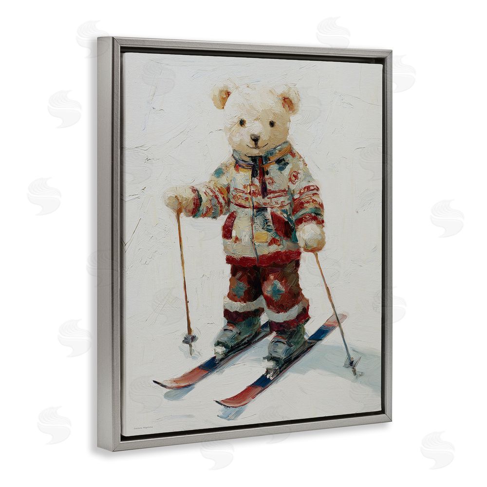 Svetlana Aleynikova Bear on Skiing Adventure Gray Floating Frame Canvas Wall Art Print
