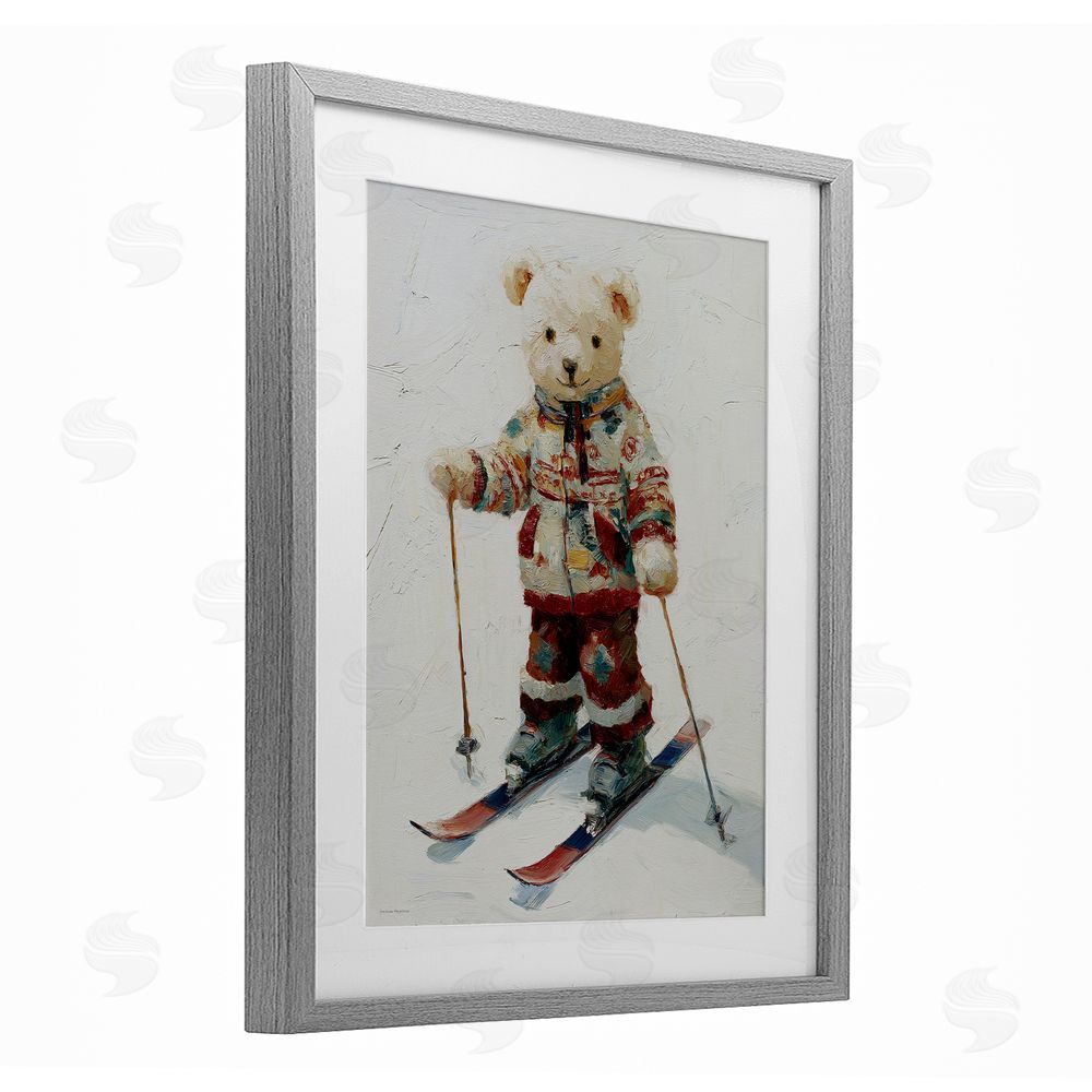 Svetlana Aleynikova Bear on Skiing Adventure Gray Framed Print Under Glass with White Mat Wall Art