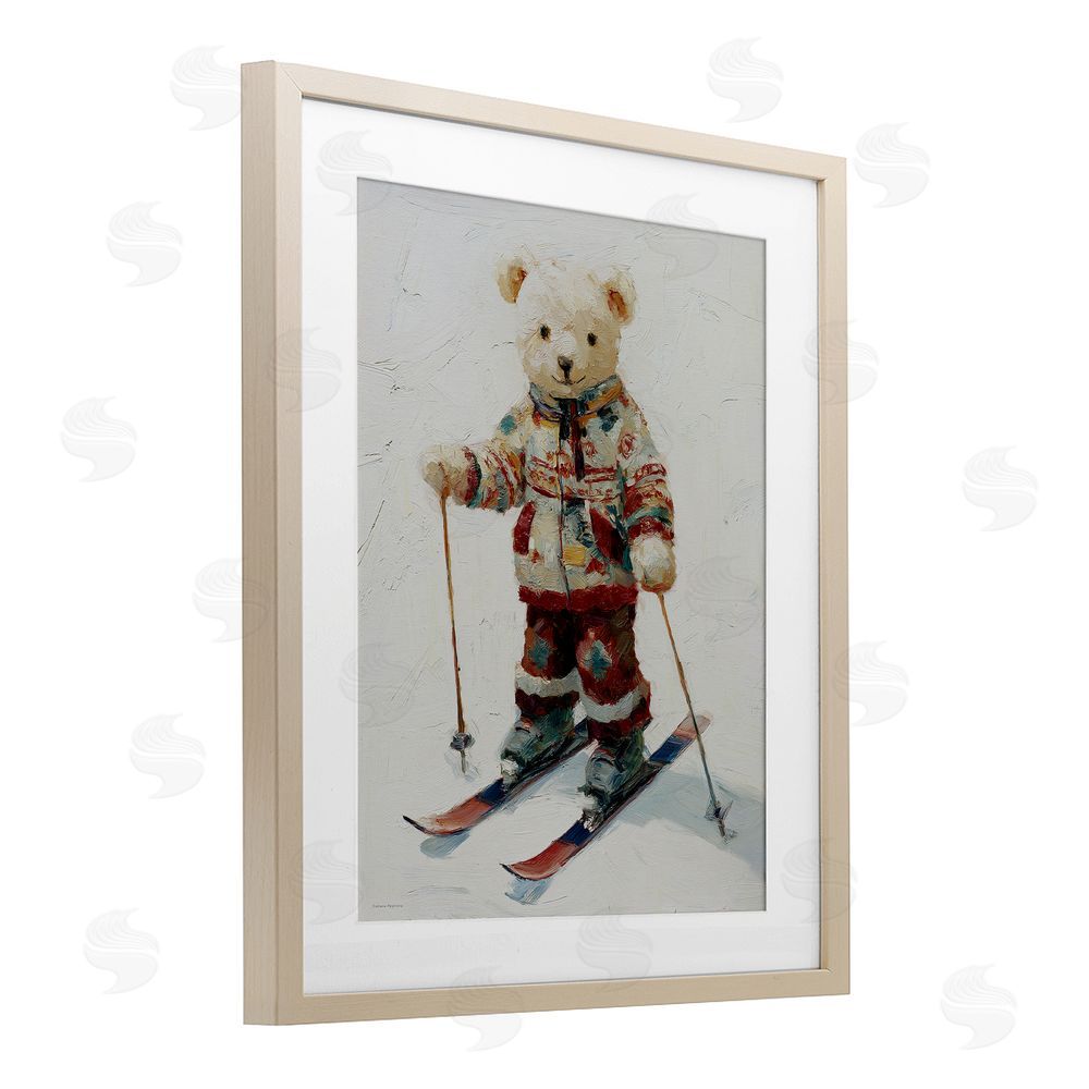 Svetlana Aleynikova Bear on Skiing Adventure Birch Framed Print Under Glass with White Mat Wall Art