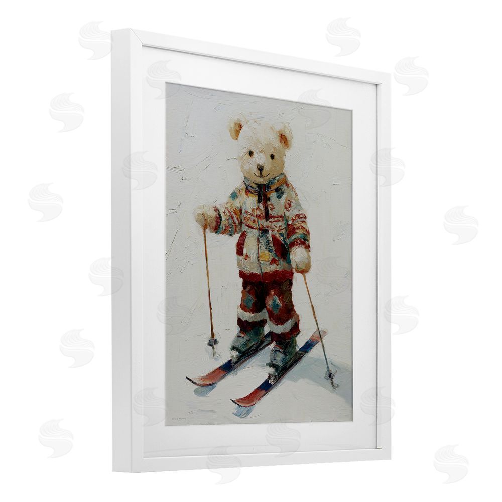 Svetlana Aleynikova Bear on Skiing Adventure White Framed Print Under Glass with Mat Wall Art