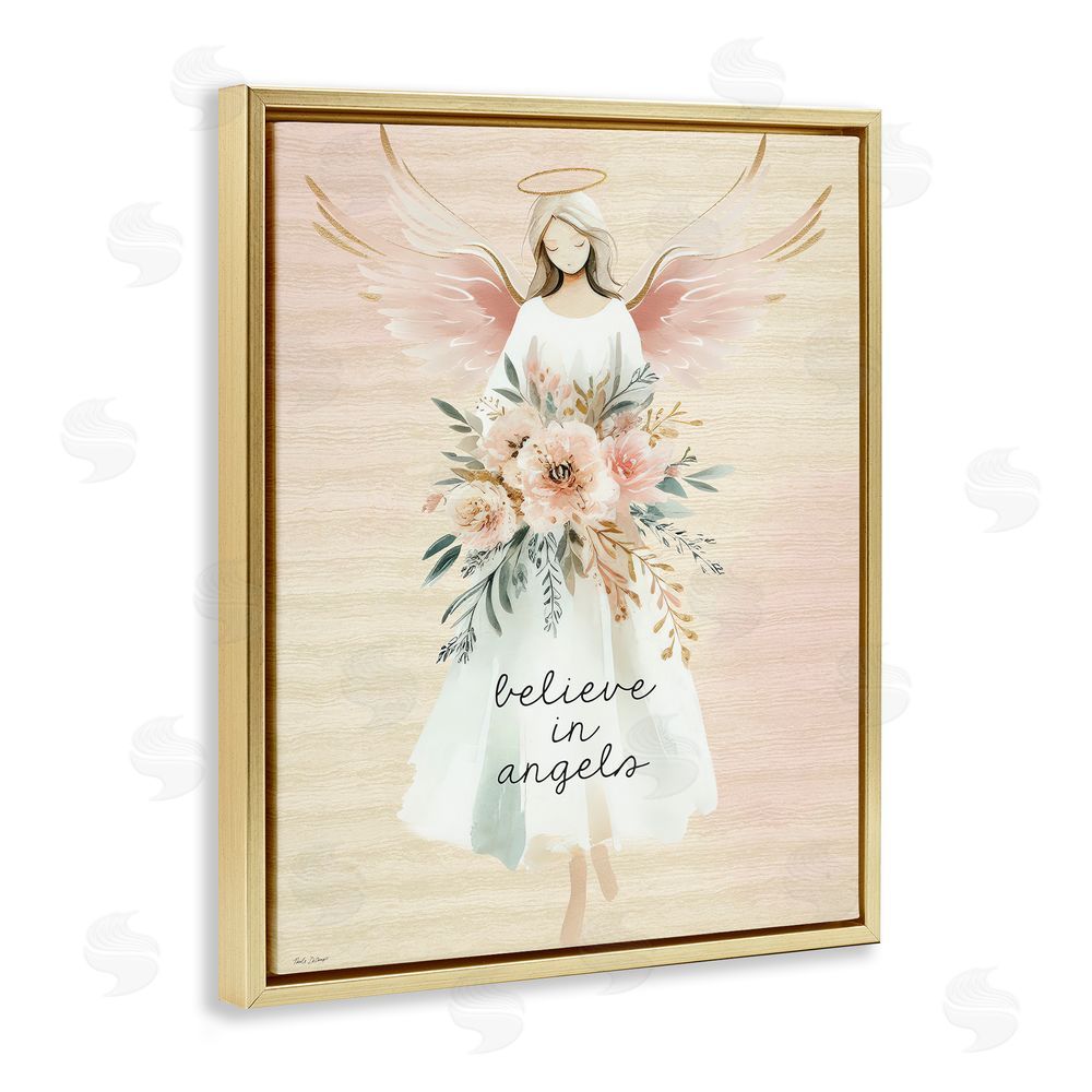 Nicole DeCamp Believe In Angels Sentiment Gold Floating Frame Canvas Wall Art Print
