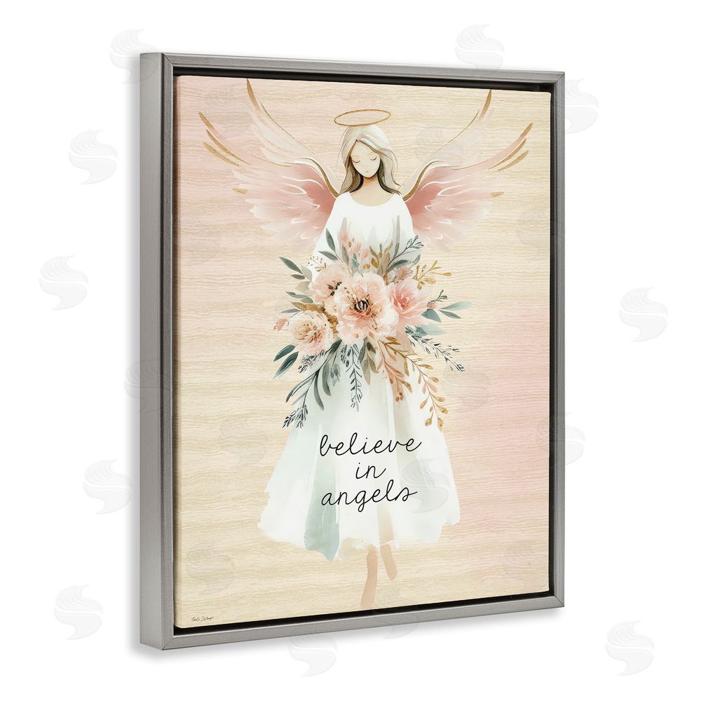 Nicole DeCamp Believe In Angels Sentiment Gray Floating Frame Canvas Wall Art Print