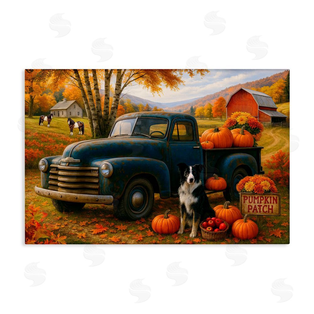 Tom Crehan Autumnal Farmland Collie Dog Stretched Canvas Wall Art Print