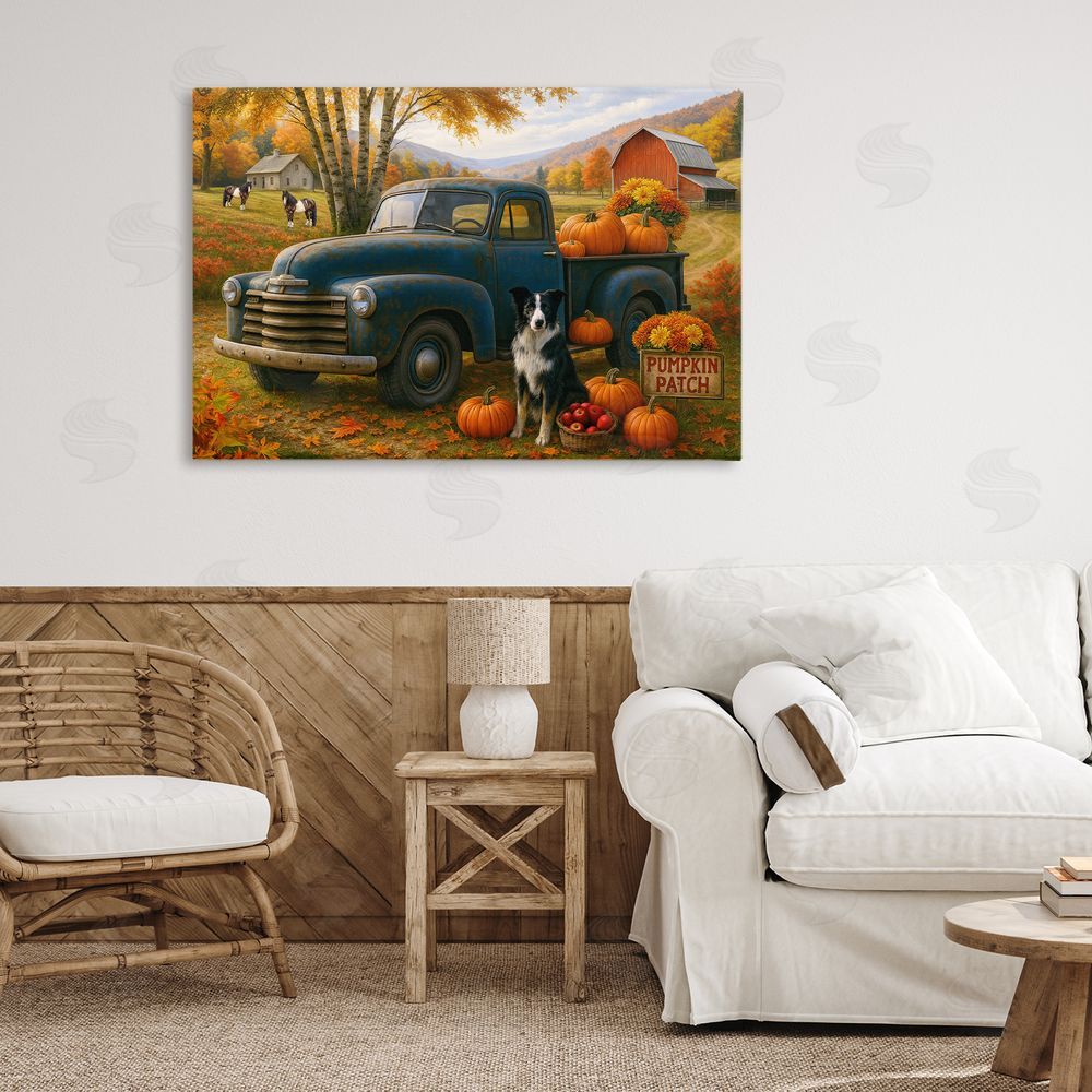 Tom Crehan Autumnal Farmland Collie Dog Stretched Canvas Wall Art Print in Room
