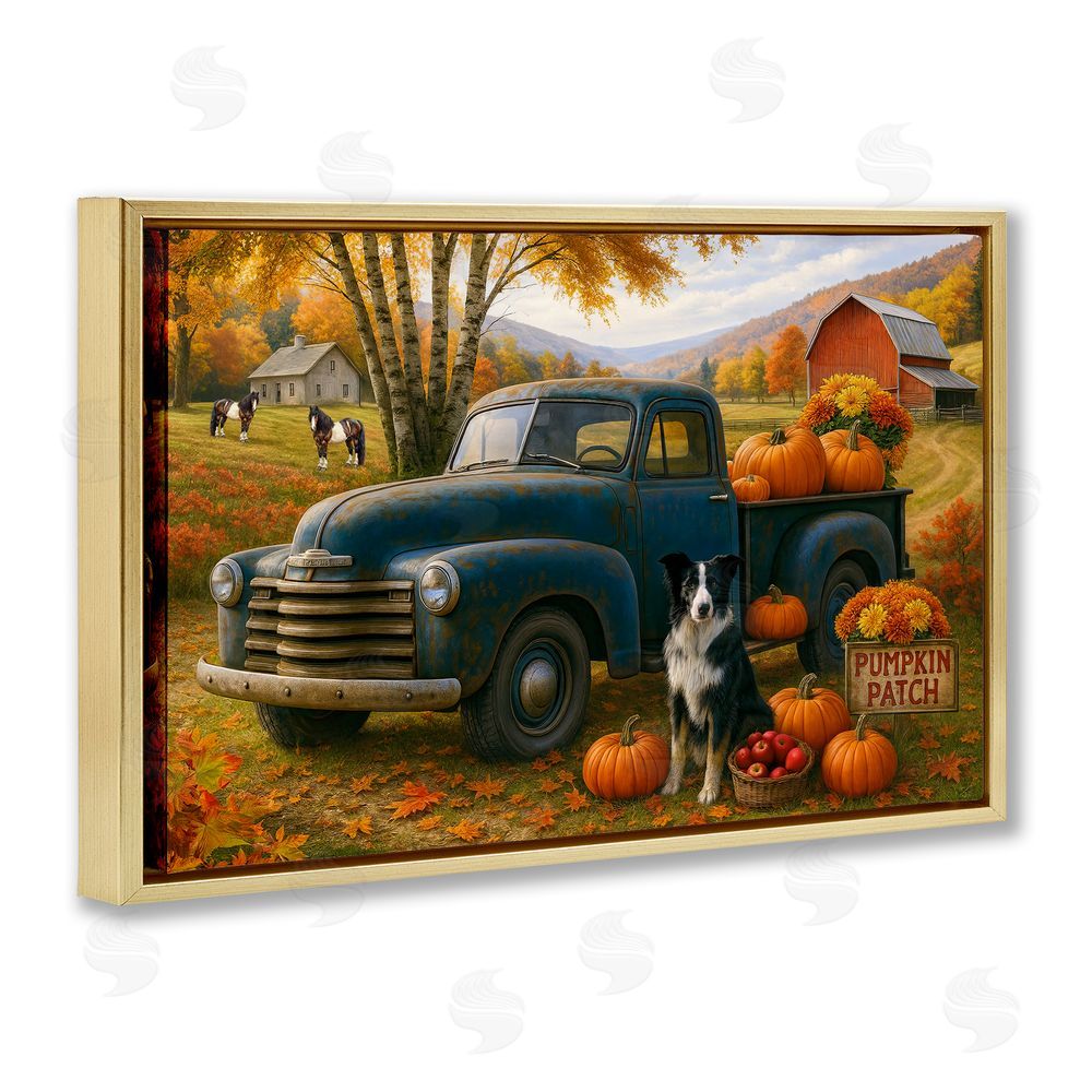 Tom Crehan Autumnal Farmland Collie Dog Gold Floating Frame Canvas Wall Art Print