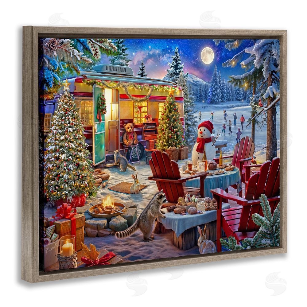 Henriette Chinaglia Winter Holiday Camper Party Brown Floating Frame Canvas Wall Art Print
