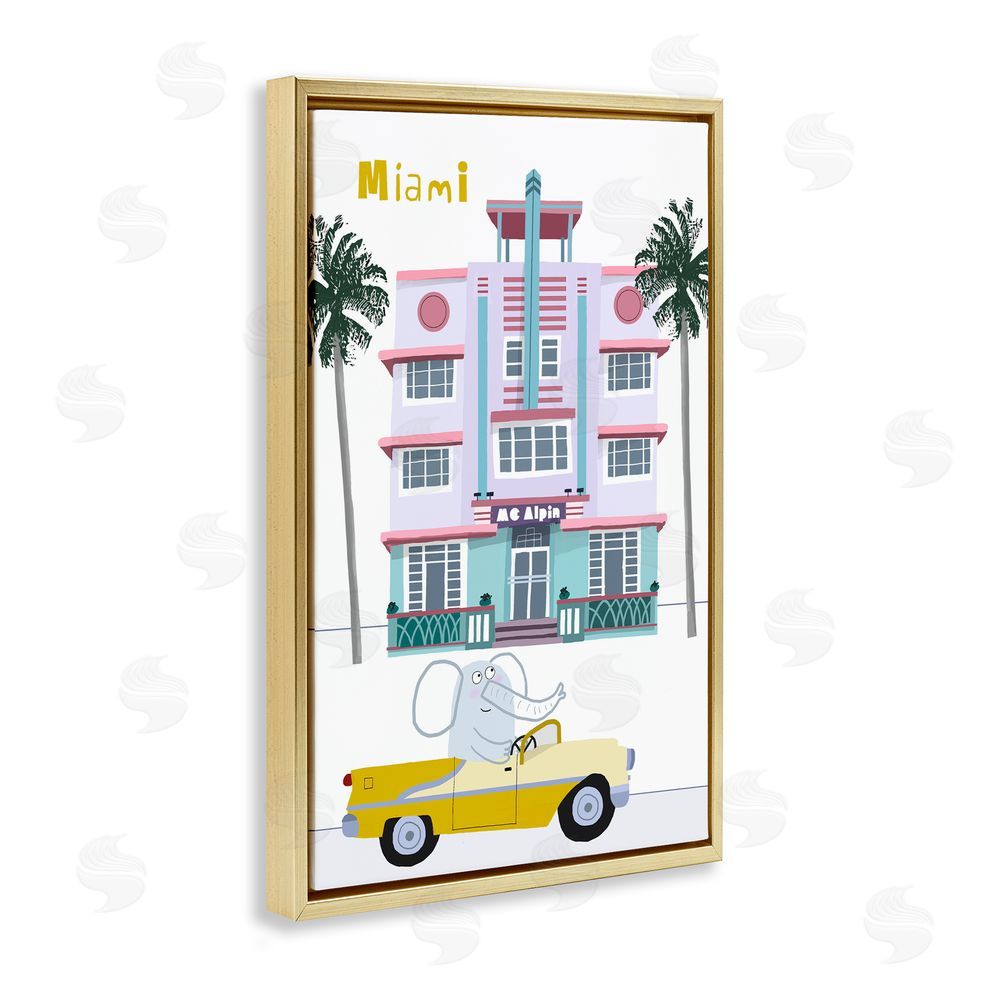 Carla Daly Elephant & Miami Hotel Gold Floating Frame Canvas Wall Art Print