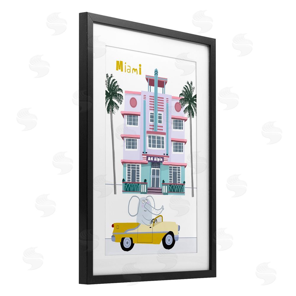 Carla Daly Elephant & Miami Hotel Black Framed Print Under Glass Wall Art