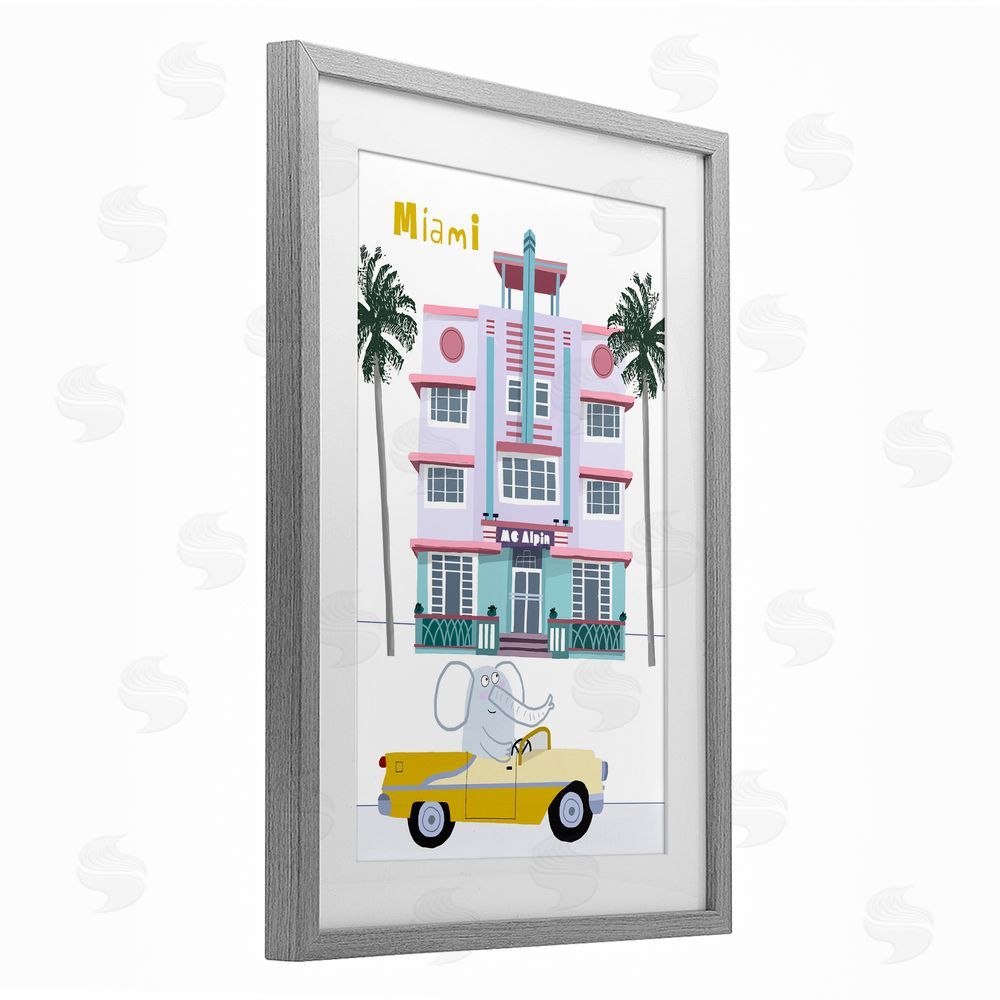 Carla Daly Elephant & Miami Hotel Gray Framed Print Under Glass Wall Art
