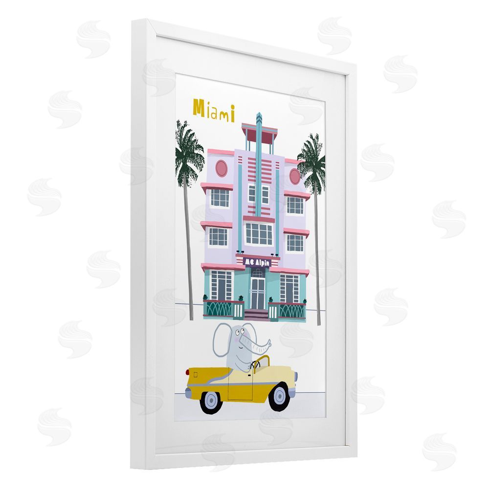 Carla Daly Elephant & Miami Hotel White Framed Print Under Glass Wall Art