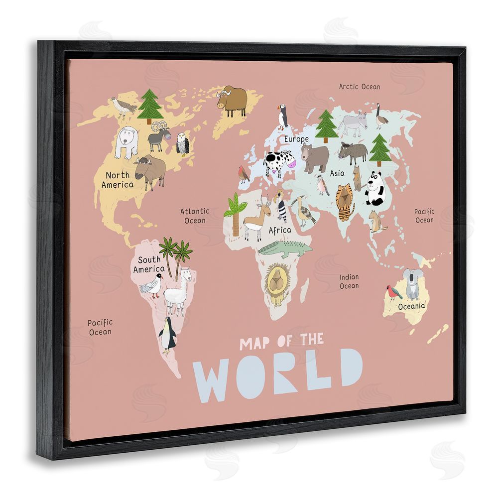 Carla Daly Kid's Map Of World Pink Black Floating Frame Canvas Wall Art Print