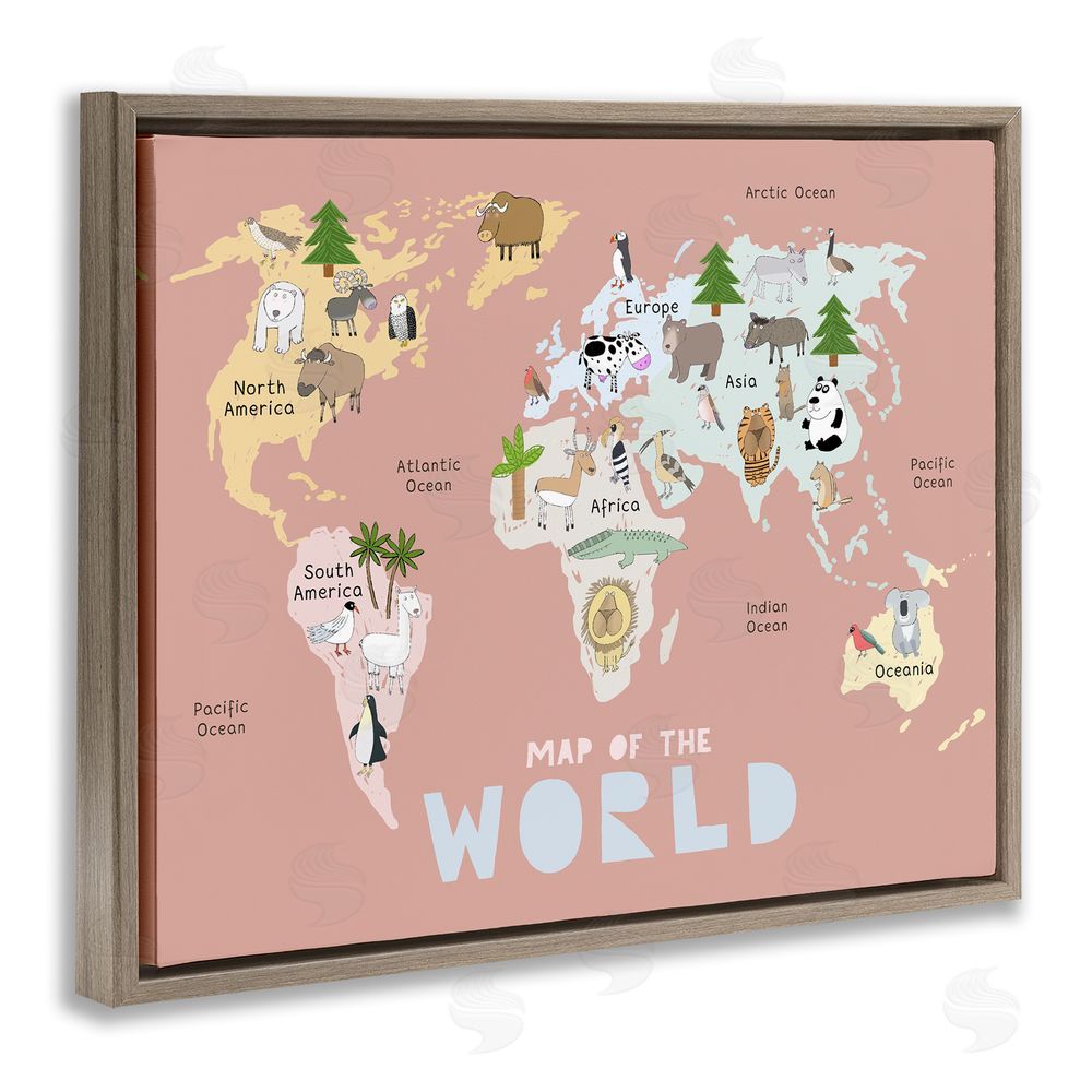 Carla Daly Kid's Map Of World Pink Brown Floating Frame Canvas Wall Art Print