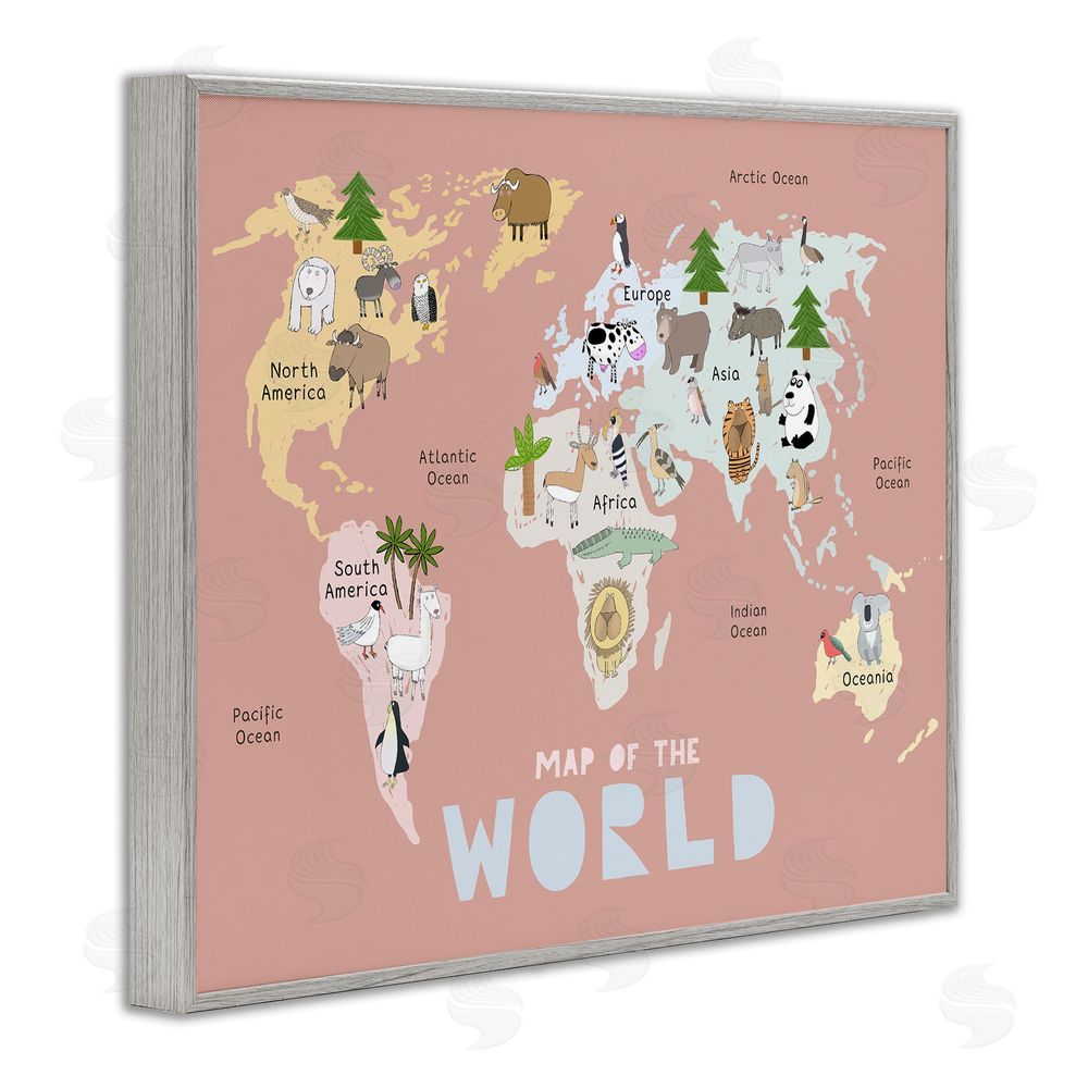 Carla Daly Kid's Map Of World Pink Gray Framed Giclee Print Wall Art