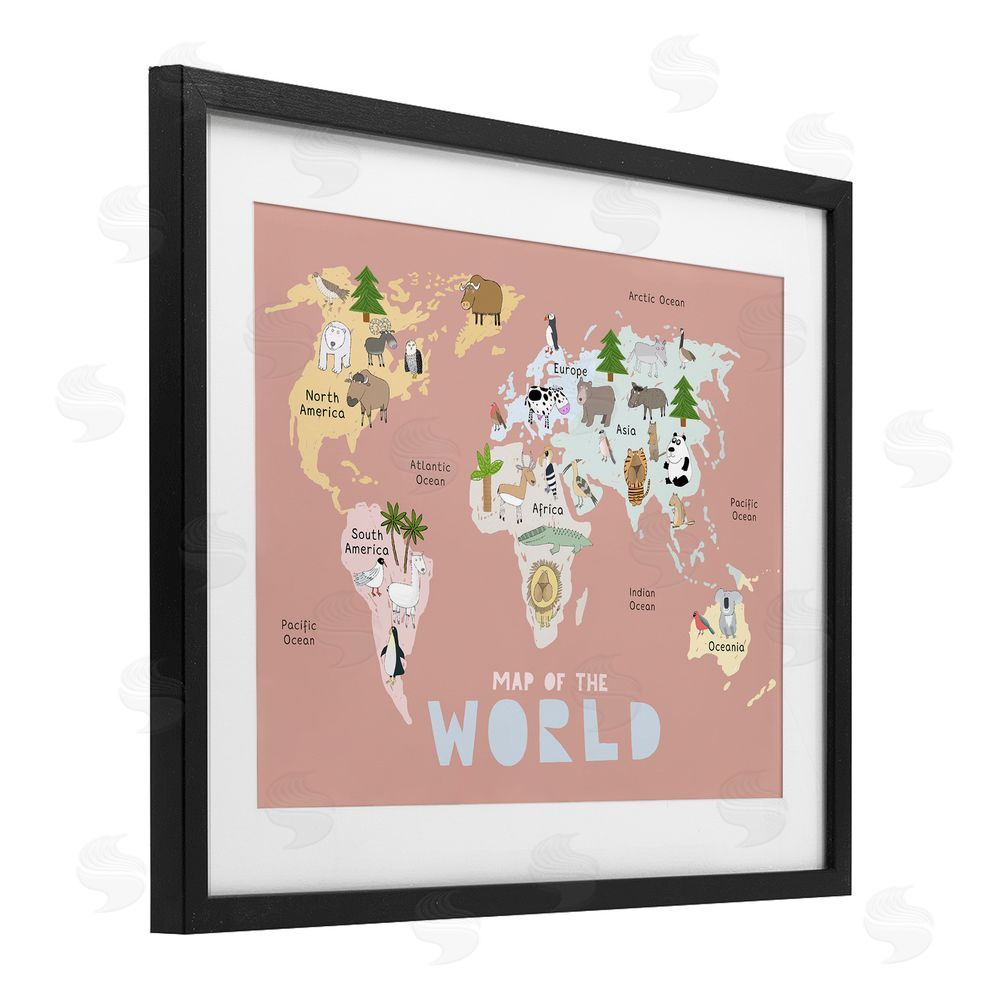 Carla Daly Kid's Map Of World Pink Black Framed Print Under Glass Wall Art