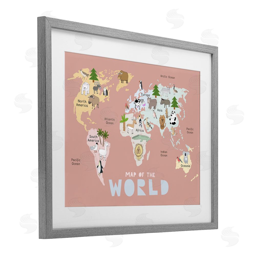 Carla Daly Kid's Map Of World Pink Gray Framed Print Under Glass Wall Art