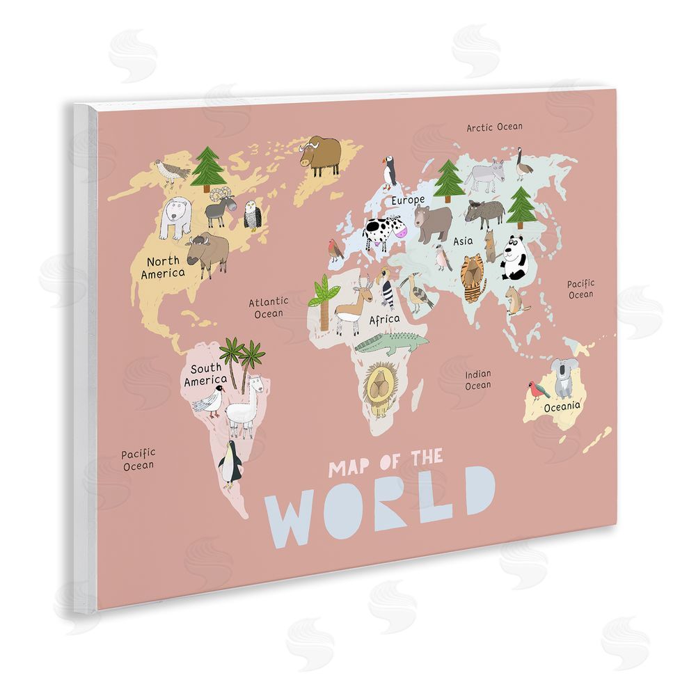 Carla Daly Kid's Map Of World Pink Wooden Wall Plaque Art Print
