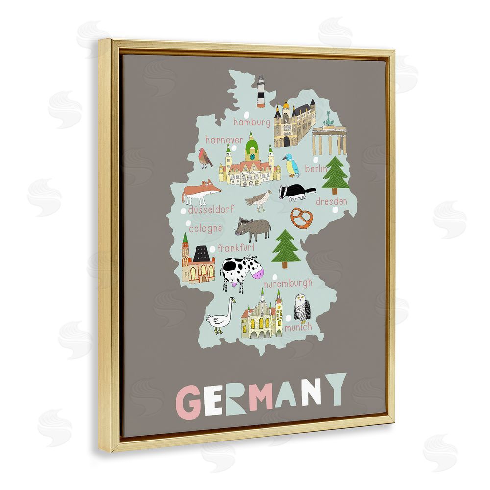 Carla Daly Kid's Map of Germany Gold Floating Frame Canvas Wall Art Print