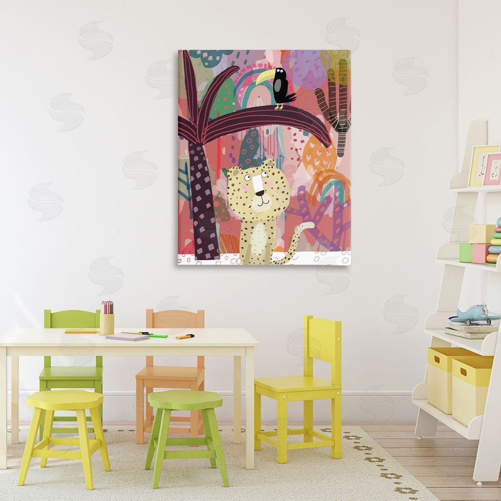 Carla Daly Whimsical Cheetah & Toucan Stretched Canvas Wall Art Print in Room