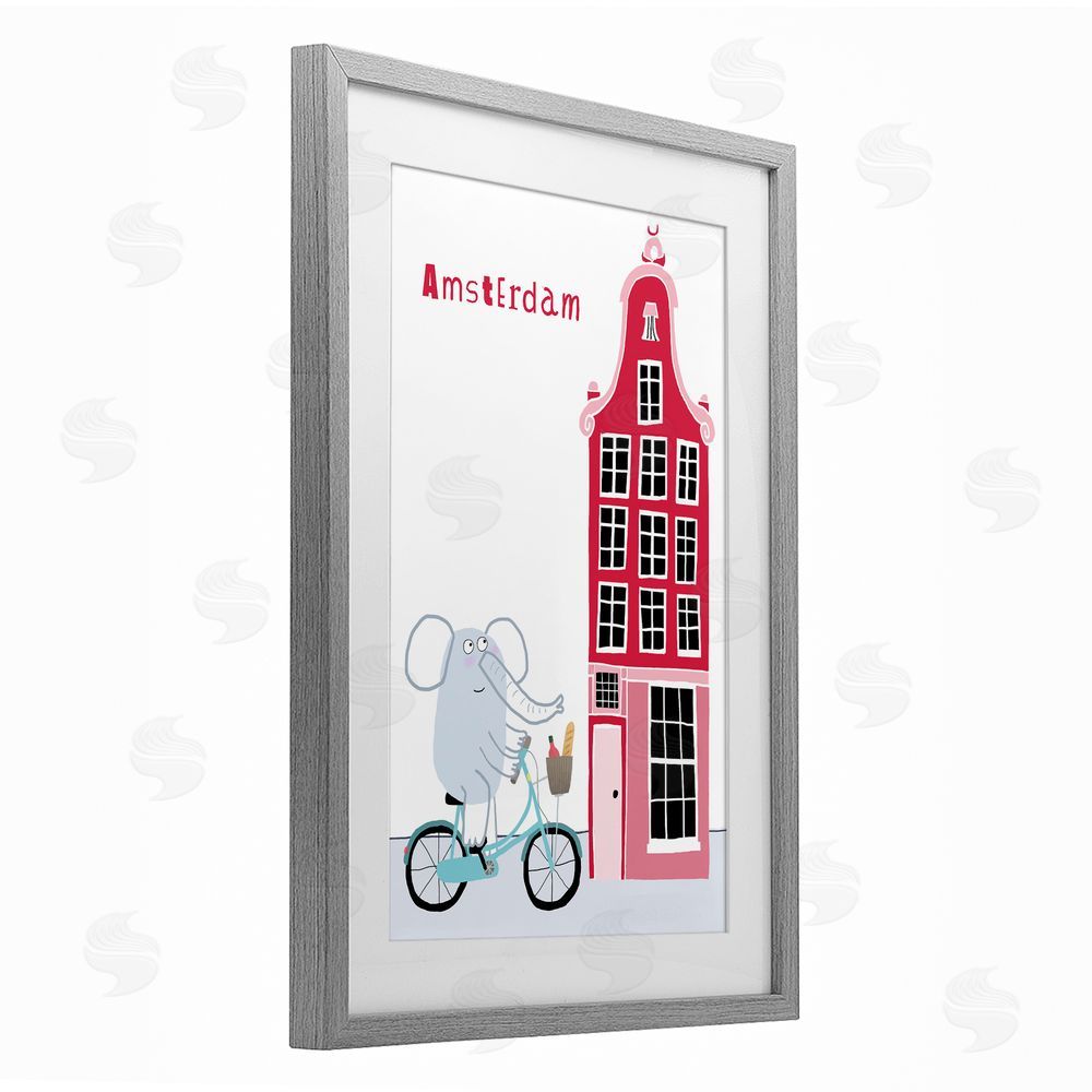 Carla Daly Elephant & Amsterdam Building Gray Framed Print Under Glass Wall Art