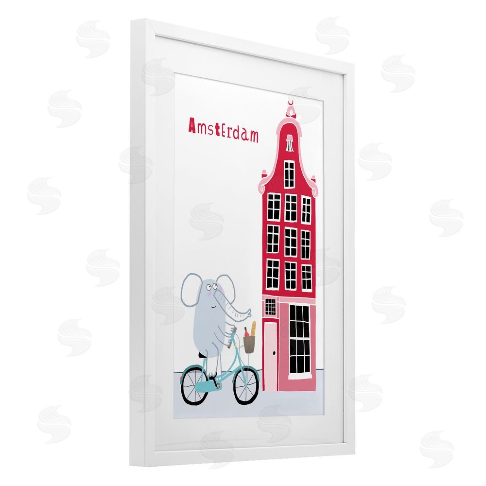 Carla Daly Elephant & Amsterdam Building White Framed Print Under Glass Wall Art