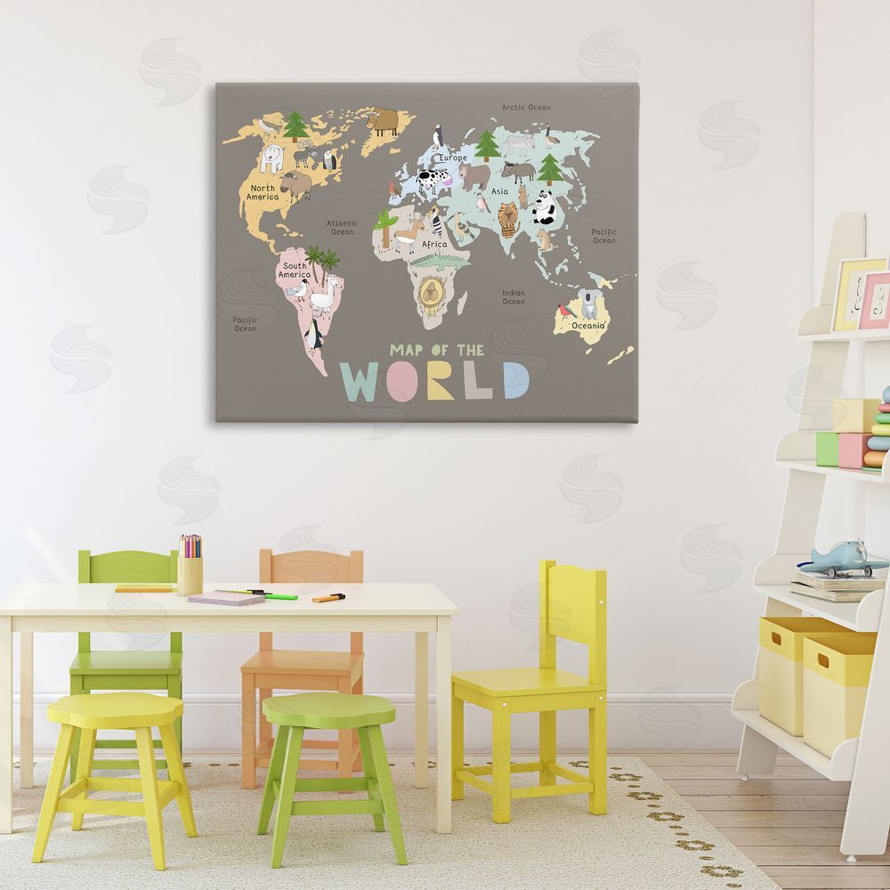 Carla Daly Kid's Map Of World Brown Stretched Canvas Wall Art Print in Room