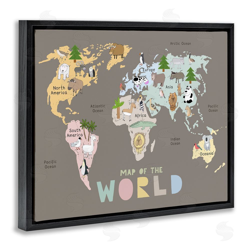 Carla Daly Kid's Map Of World Brown Black Floating Frame Canvas Wall Art Print