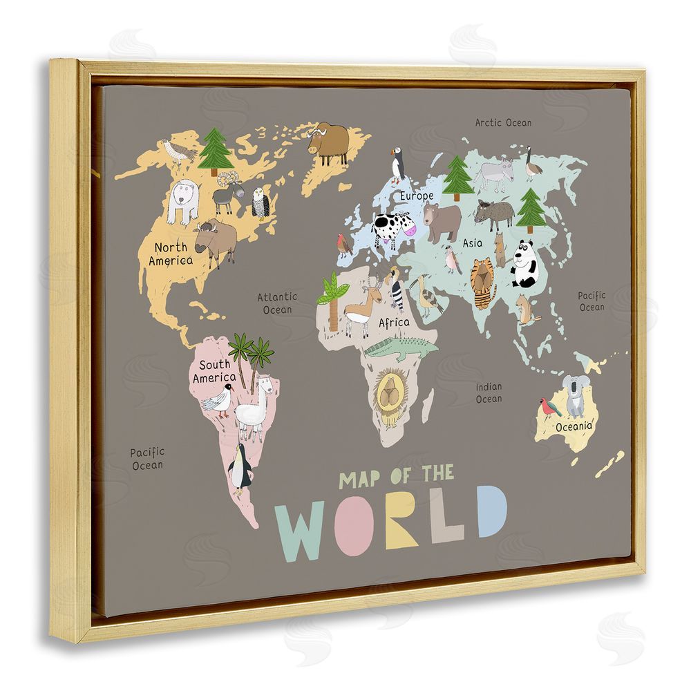 Carla Daly Kid's Map Of World Brown Gold Floating Frame Canvas Wall Art Print