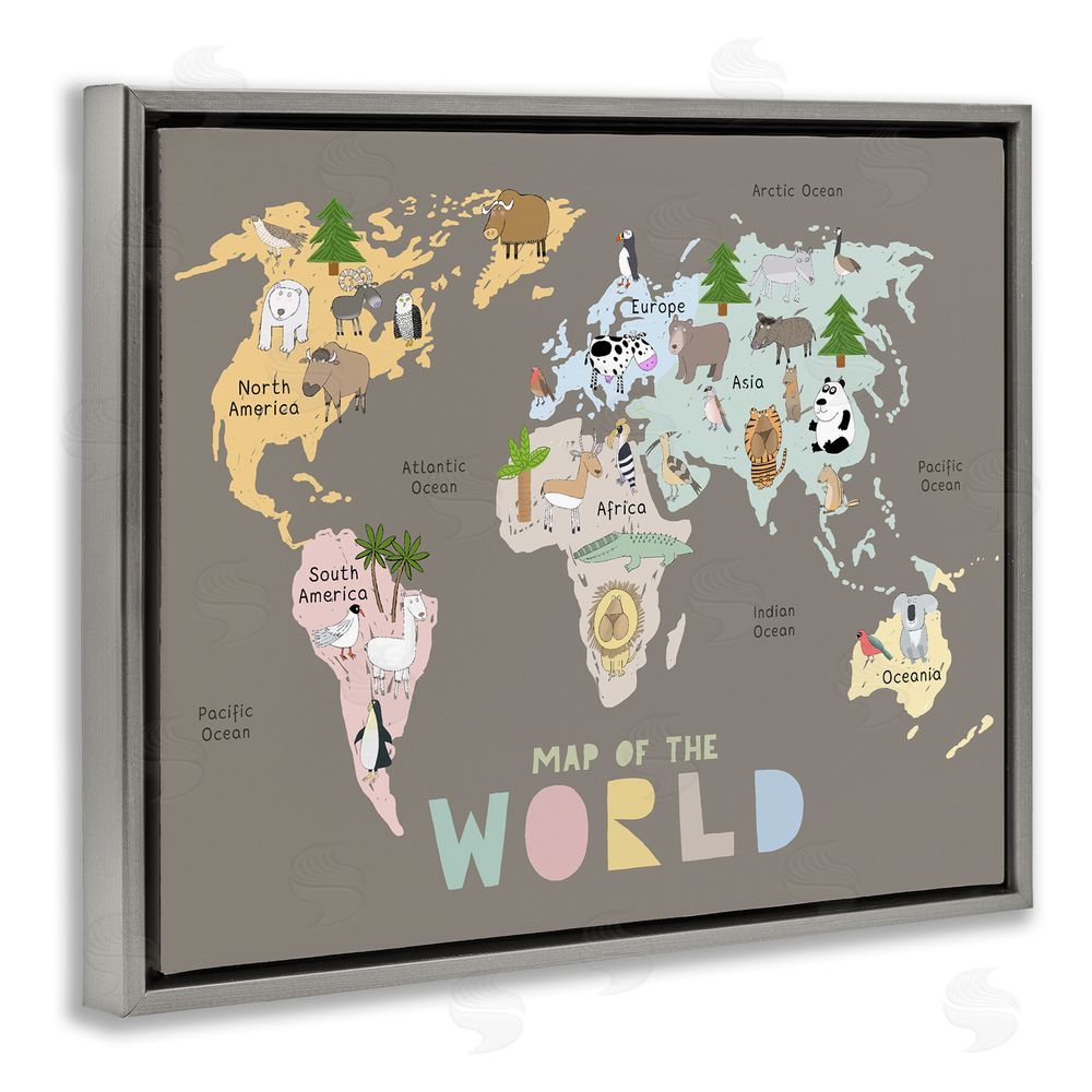 Carla Daly Kid's Map Of World Brown Gray Floating Frame Canvas Wall Art Print