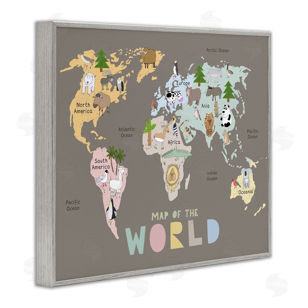 Carla Daly Kid's Map Of World Brown Gray Framed Giclee Print Wall Art
