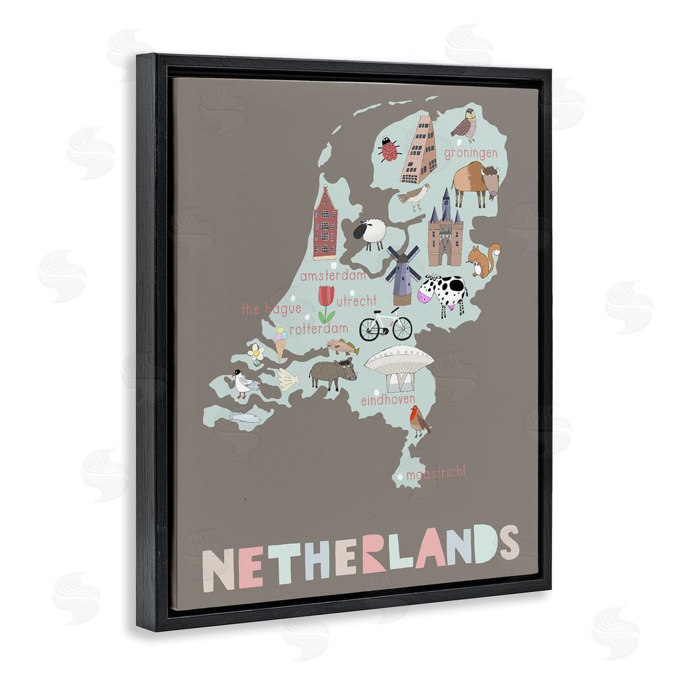 Carla Daly Kid's Map of Netherlands Black Floating Frame Canvas Wall Art Print