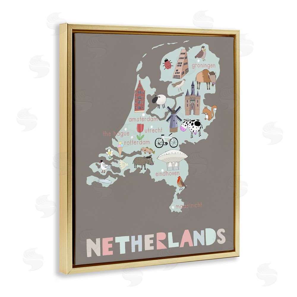 Carla Daly Kid's Map of Netherlands Gold Floating Frame Canvas Wall Art Print