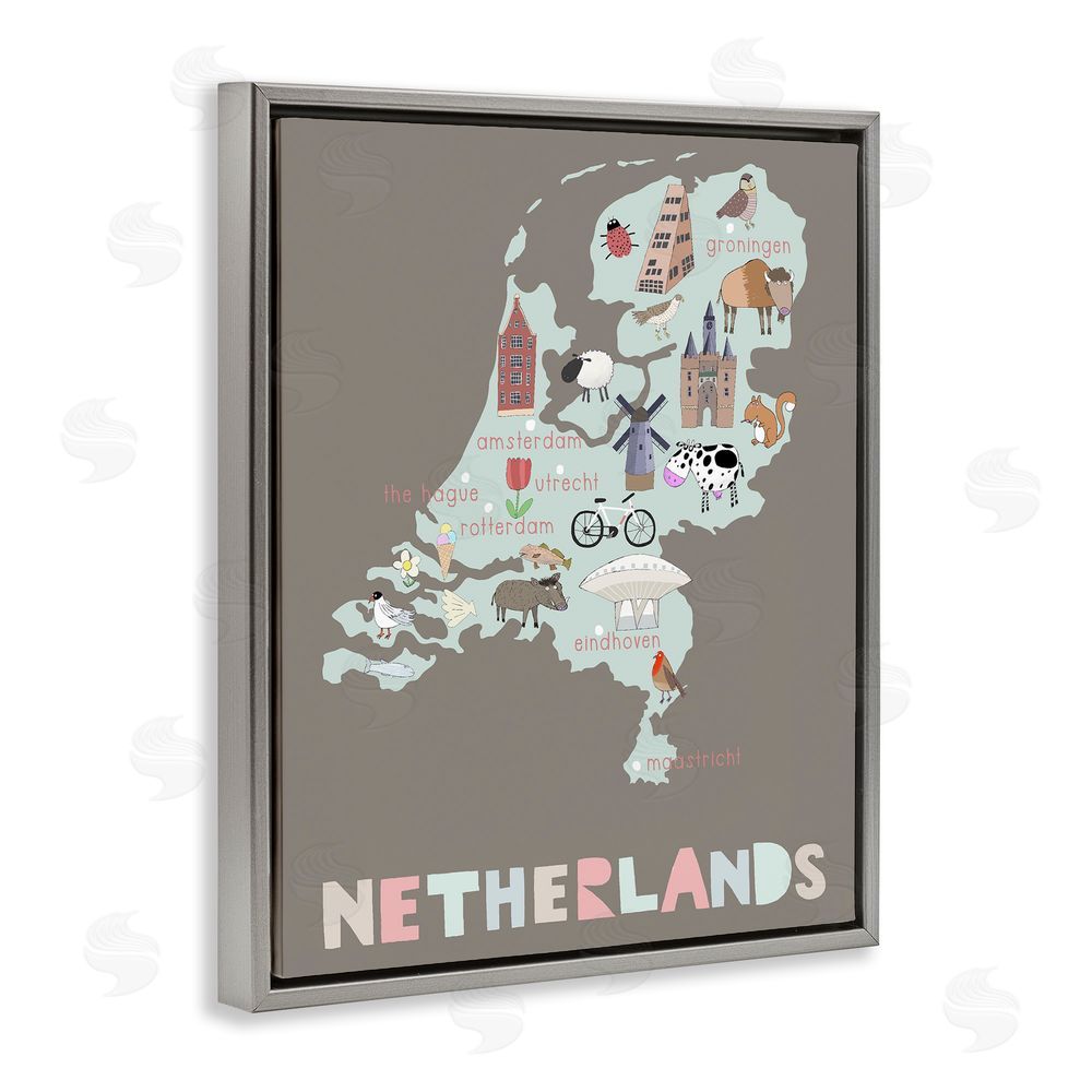 Carla Daly Kid's Map of Netherlands Gray Floating Frame Canvas Wall Art Print
