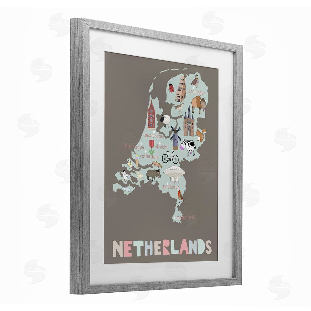 Carla Daly Kid's Map of Netherlands Gray Framed Print Under Glass Wall Art