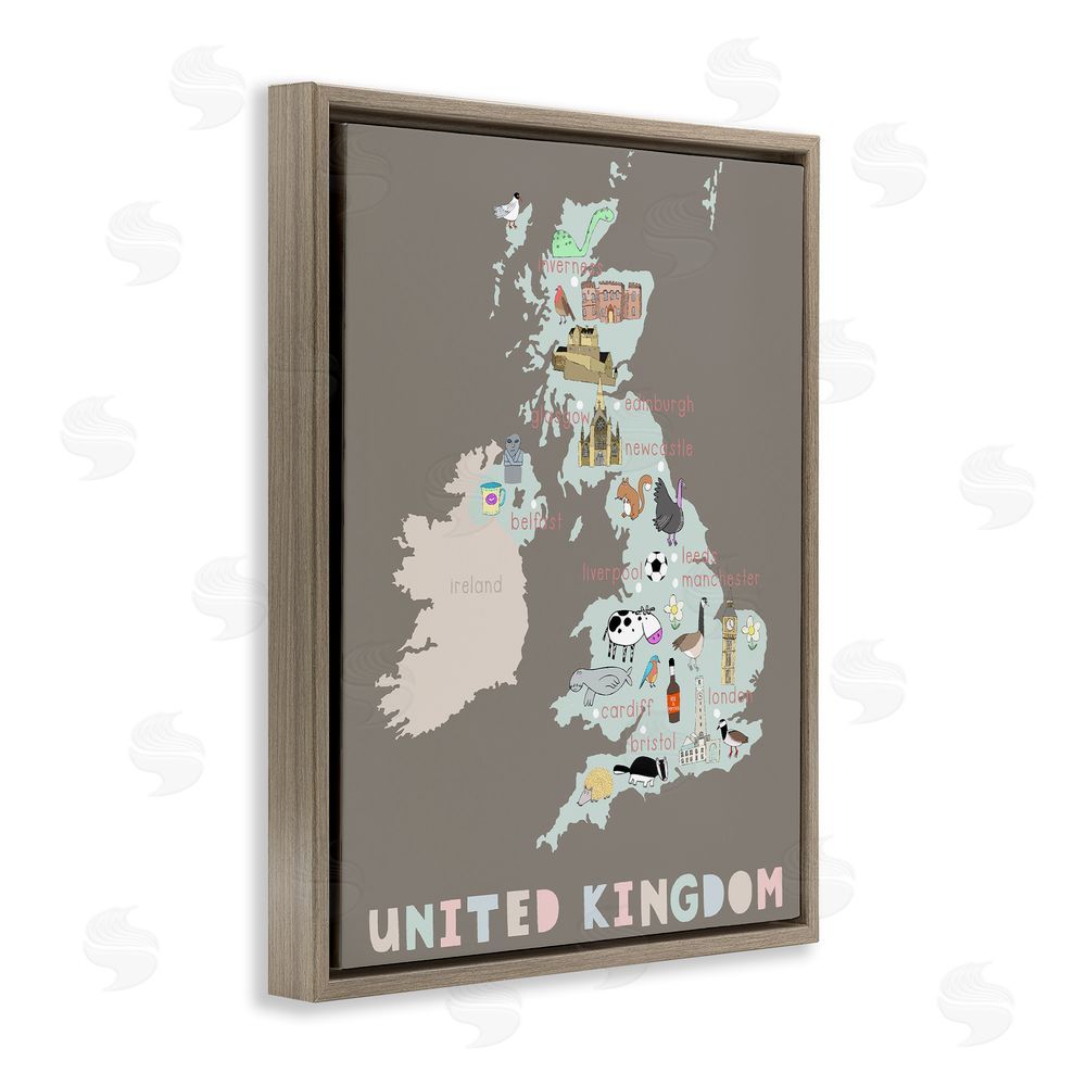 Carla Daly Kid's Map of United Kingdom Brown Floating Frame Canvas Wall Art Print