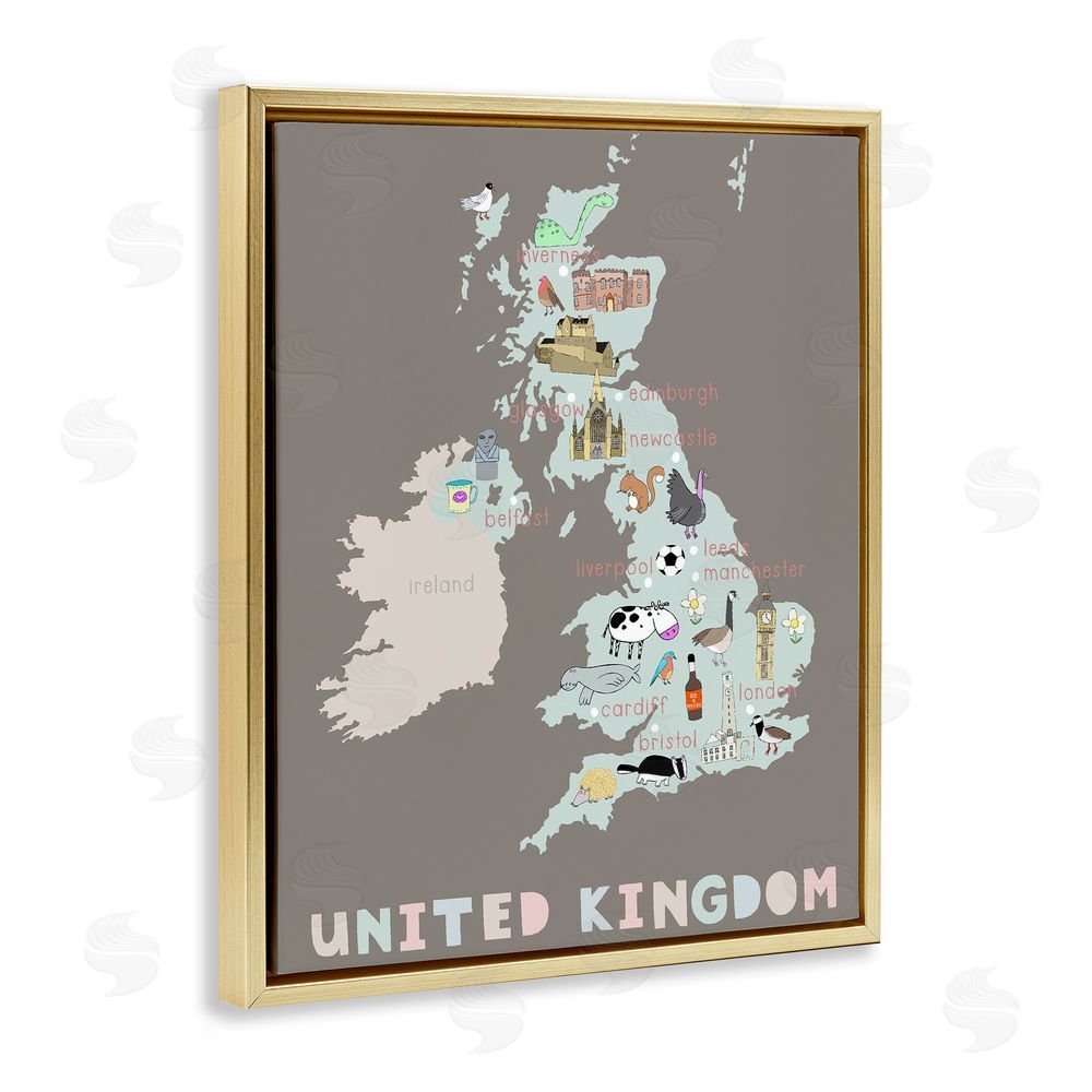 Carla Daly Kid's Map of United Kingdom Gold Floating Frame Canvas Wall Art Print