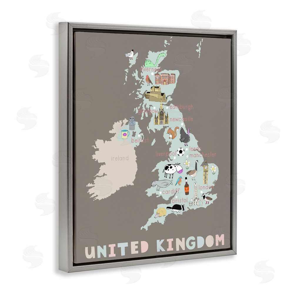 Carla Daly Kid's Map of United Kingdom Gray Floating Frame Canvas Wall Art Print
