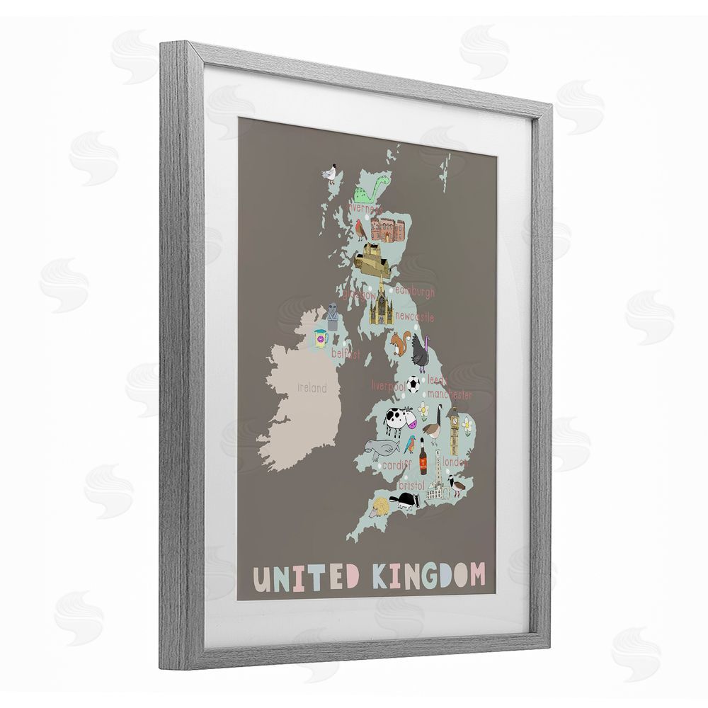 Carla Daly Kid's Map of United Kingdom Gray Framed Print Under Glass Wall Art