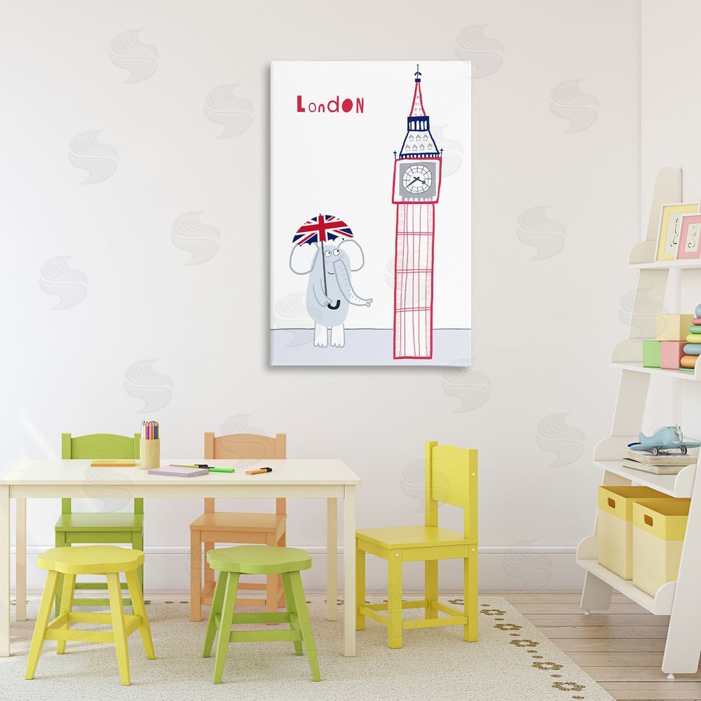 Carla Daly Elephant & Big Ben London Stretched Canvas Wall Art Print in Room