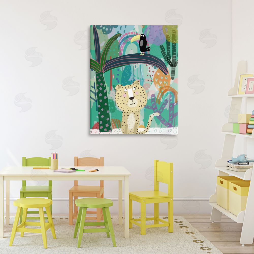 Carla Daly Jungle Cheetah & Toucan Stretched Canvas Wall Art Print in Room