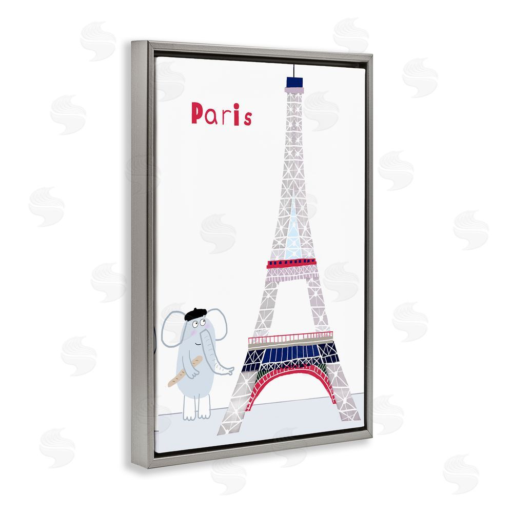 Carla Daly Elephant & Eiffel Tower Gray Floating Frame Canvas Wall Art Print