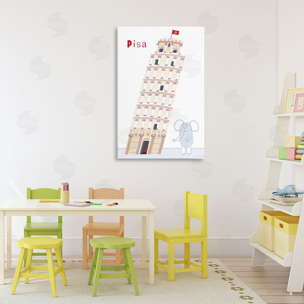 Carla Daly Elephant & Leaning Tower Pisa Stretched Canvas Wall Art Print in Room