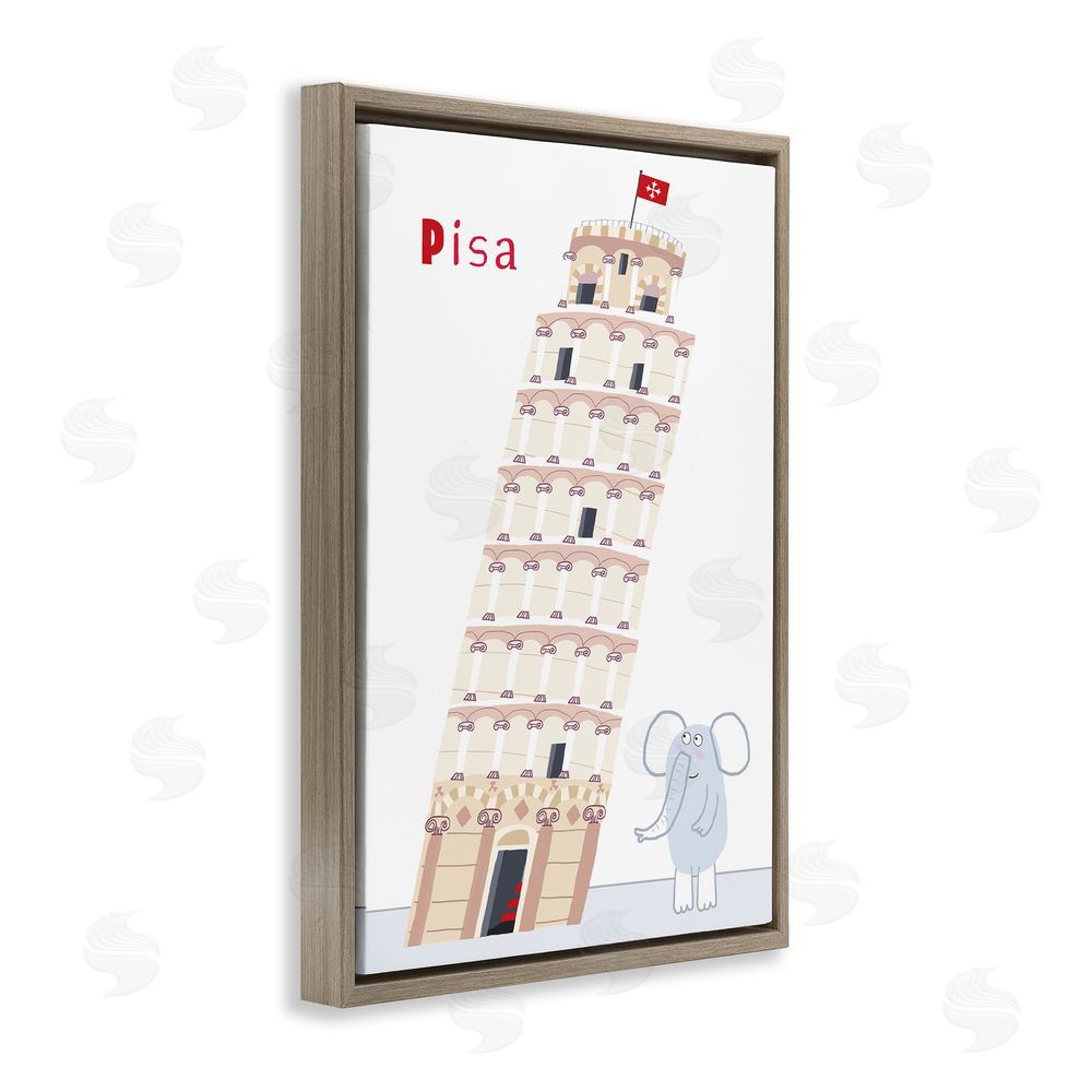 Carla Daly Elephant & Leaning Tower Pisa Brown Floating Frame Canvas Wall Art Print