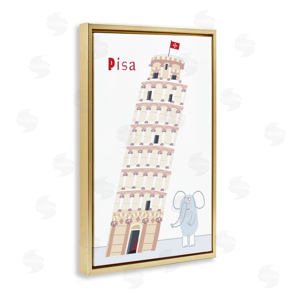 Carla Daly Elephant & Leaning Tower Pisa Gold Floating Frame Canvas Wall Art Print