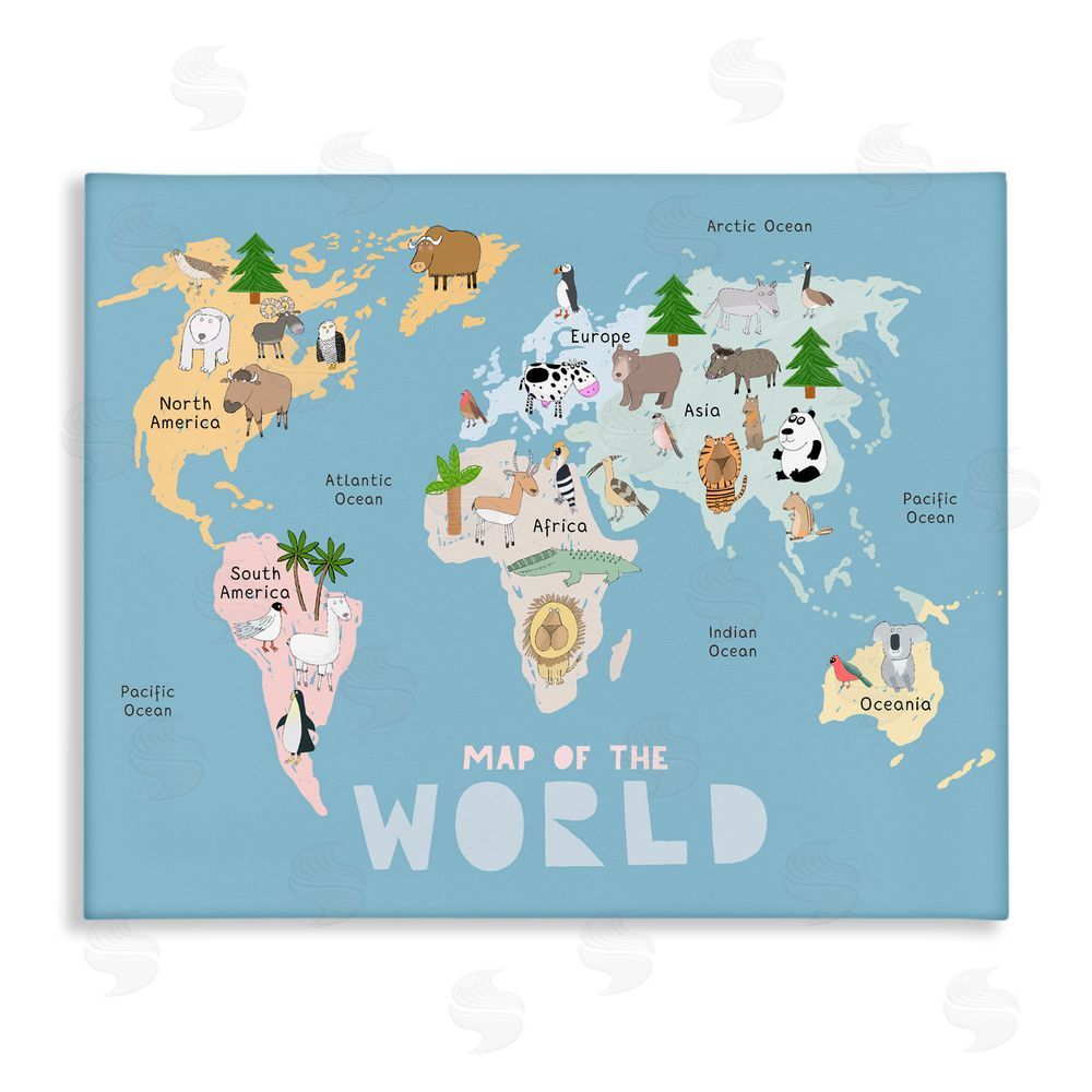 Carla Daly Kid's Map Of World Blue Stretched Canvas Wall Art Print