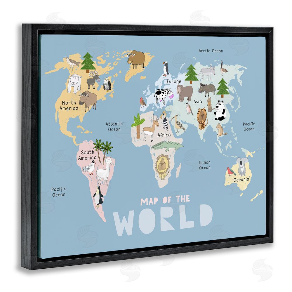 Carla Daly Kid's Map Of World Blue Black Floating Frame Canvas Wall Art Print