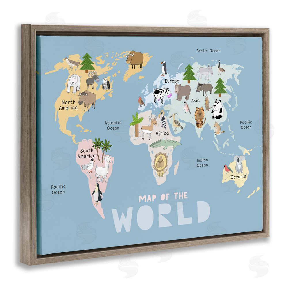 Carla Daly Kid's Map Of World Blue Brown Floating Frame Canvas Wall Art Print