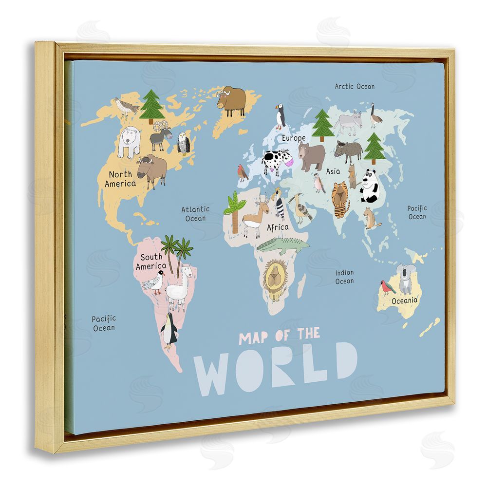 Carla Daly Kid's Map Of World Blue Gold Floating Frame Canvas Wall Art Print